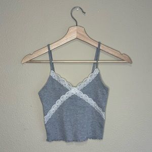 Topshop size 2 grey spaghetti strap cropped tank top w/ white lace detail